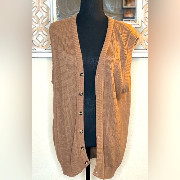🤩  VINTAGE Oscar De La Renta Vest Mens Brn Cable Knit Sleeveless Button Grandpa - Picture 2 of 8